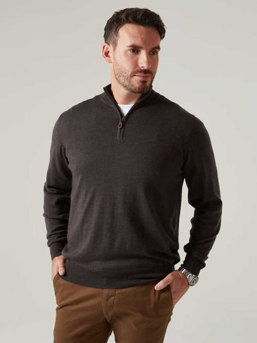ALAN PAINE Barton 1/4 Zip Merino Wool Sweater - Mens - Dark Brown - Image 2