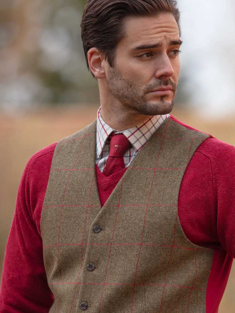 ALAN PAINE Combrook Mens Tweed Lined-Back Waistcoat - Sage - Image 2