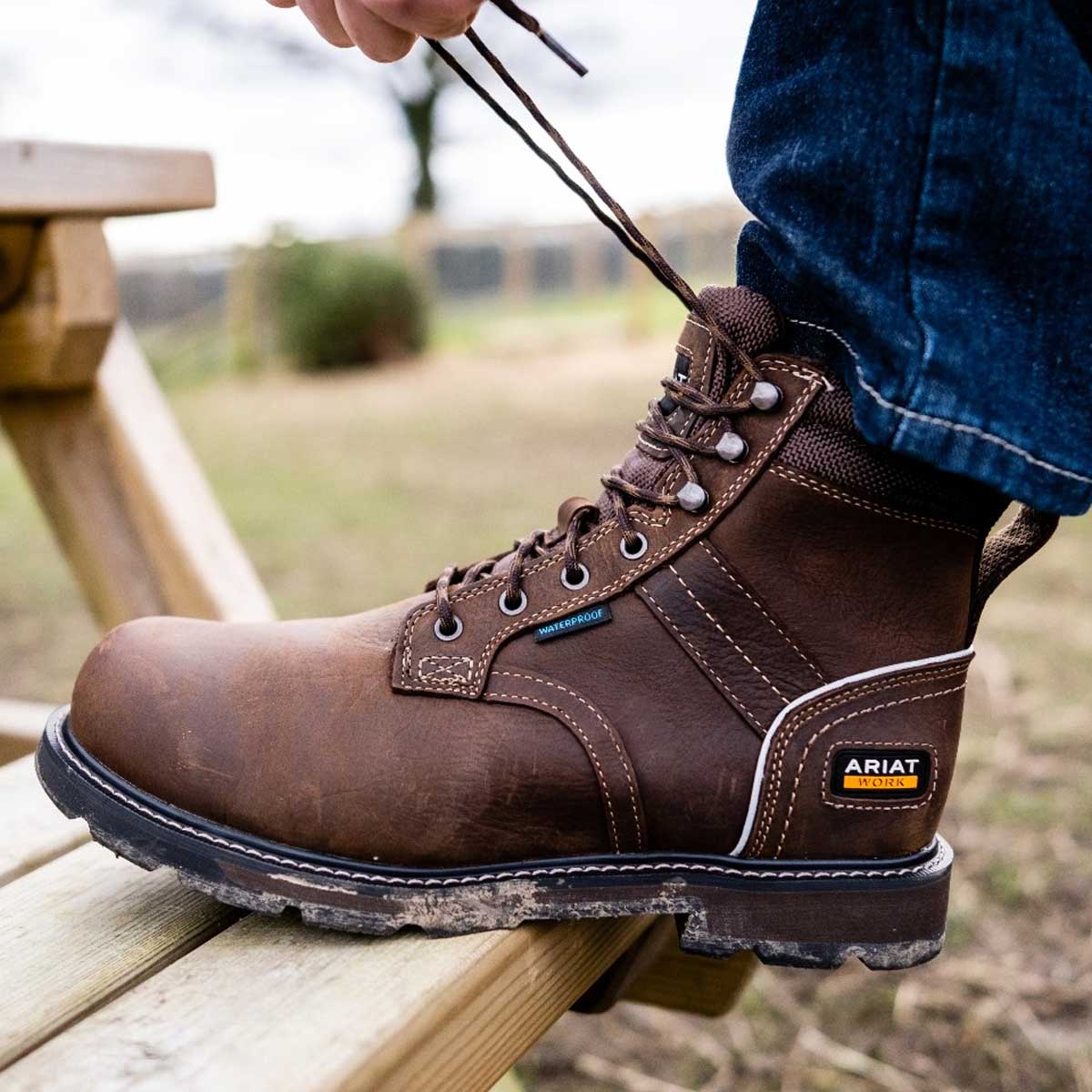 ARIAT Groundbreaker 6" Lace Work Boots - Mens H2O Steel Toe Cap - Dark Brown - Image 2