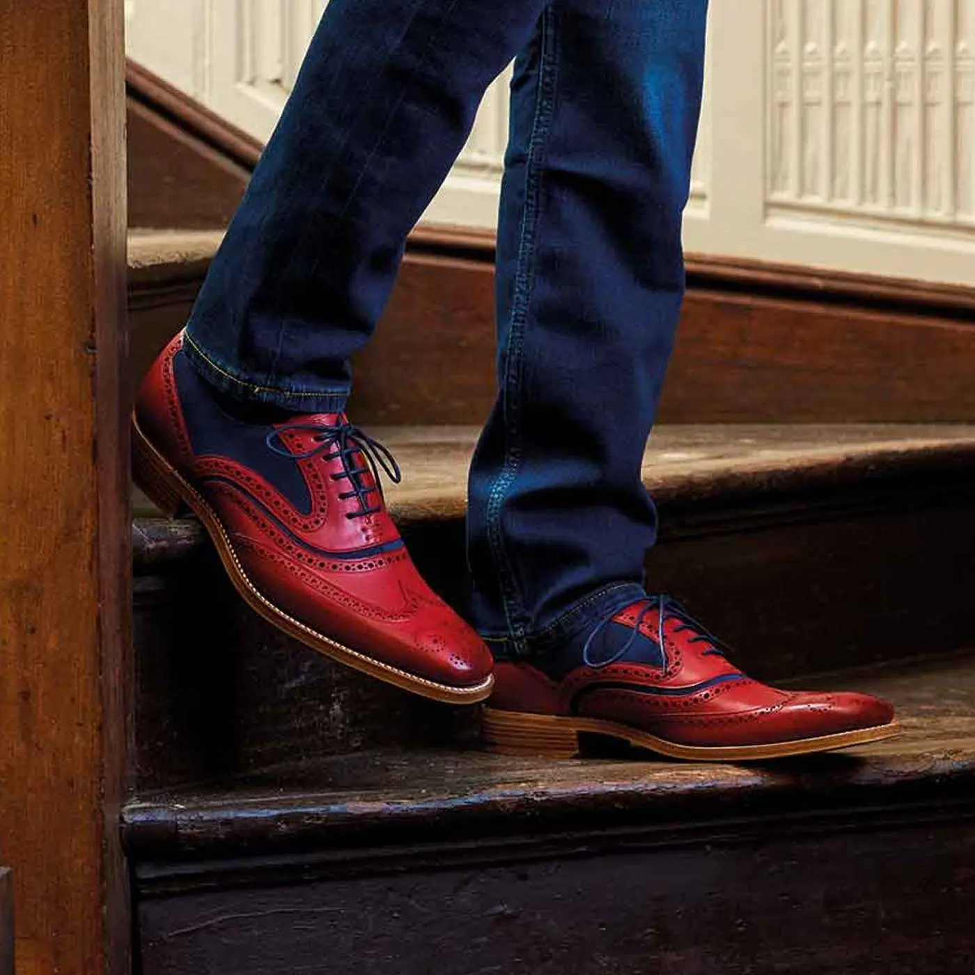 BARKER McClean Shoes - Mens Brogue - Red Hand Painted & Navy Suede - Image 2