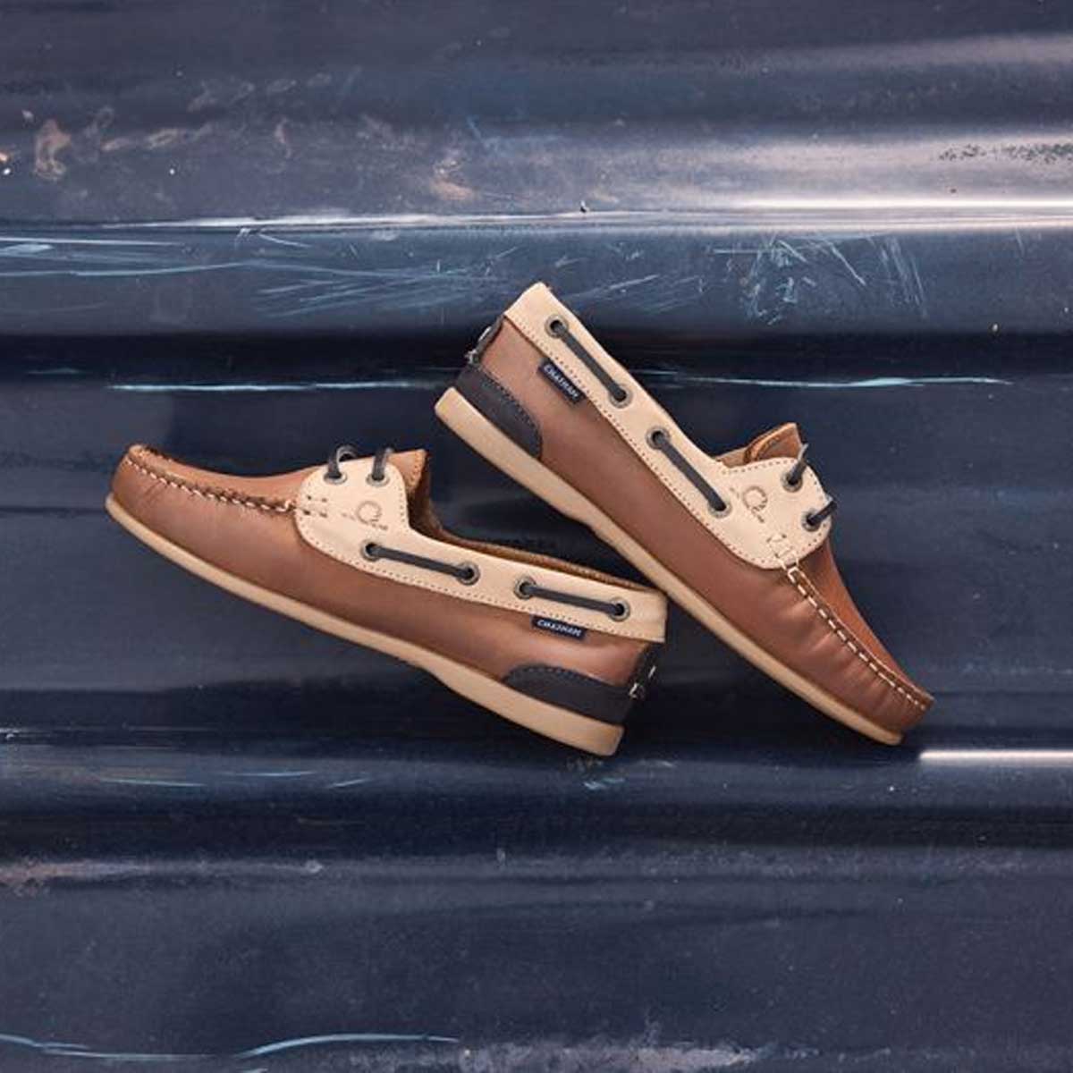 CHATHAM Ladies Penang Leather Boat Shoes - Tan / Sand / Navy - Image 2