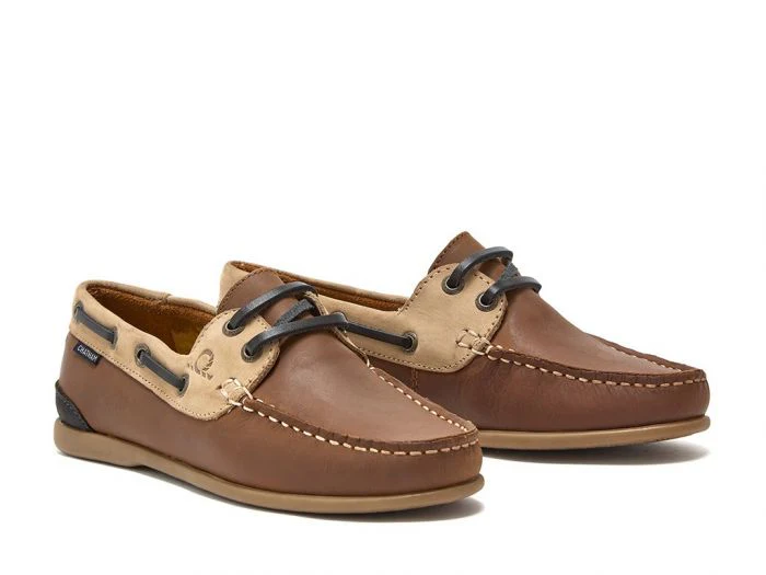 CHATHAM Ladies Penang Leather Boat Shoes - Tan / Sand / Navy - Image 3
