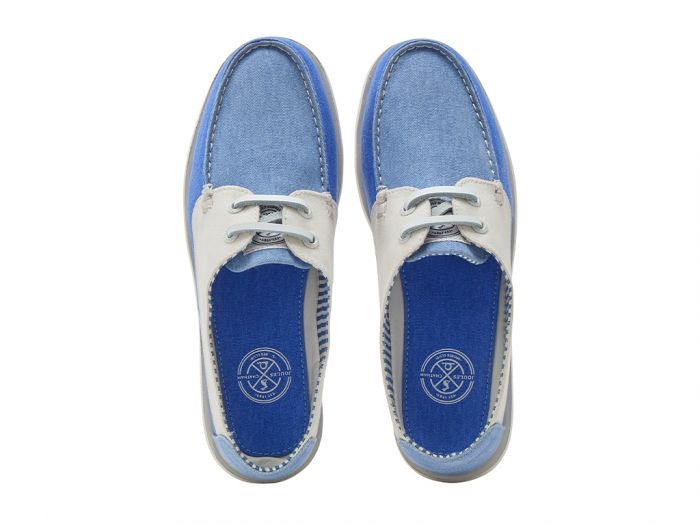 CHATHAM x JOULES Mariner Canvas Slip-On Deck Shoes - Ladies - Blue / Oat - Image 4