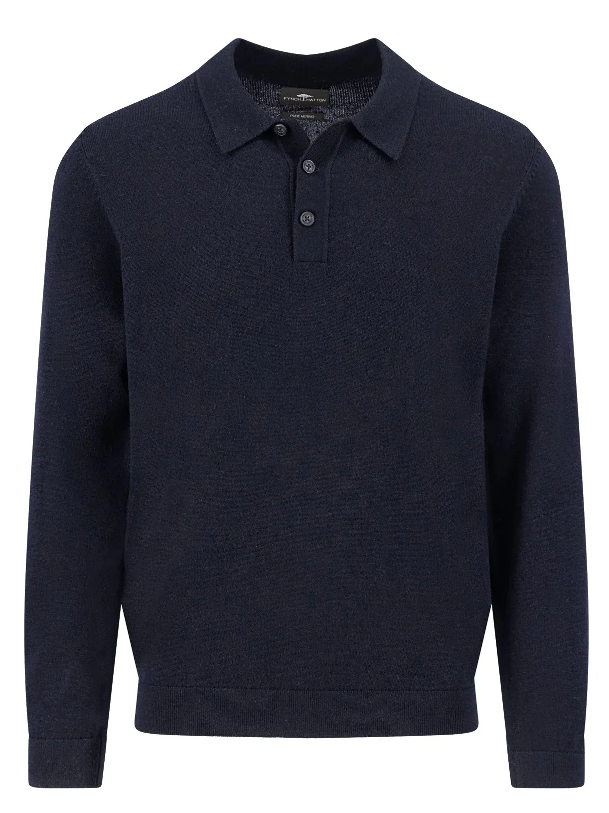 FYNCH HATTON Long Sleeve Polo Shirt - Men's Knitted Merino  – Navy