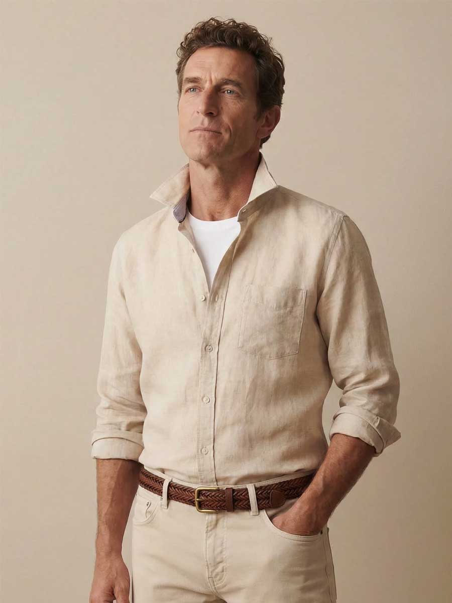 FYNCH HATTON Pure Linen Shirt - Men's – Sand - Image 2