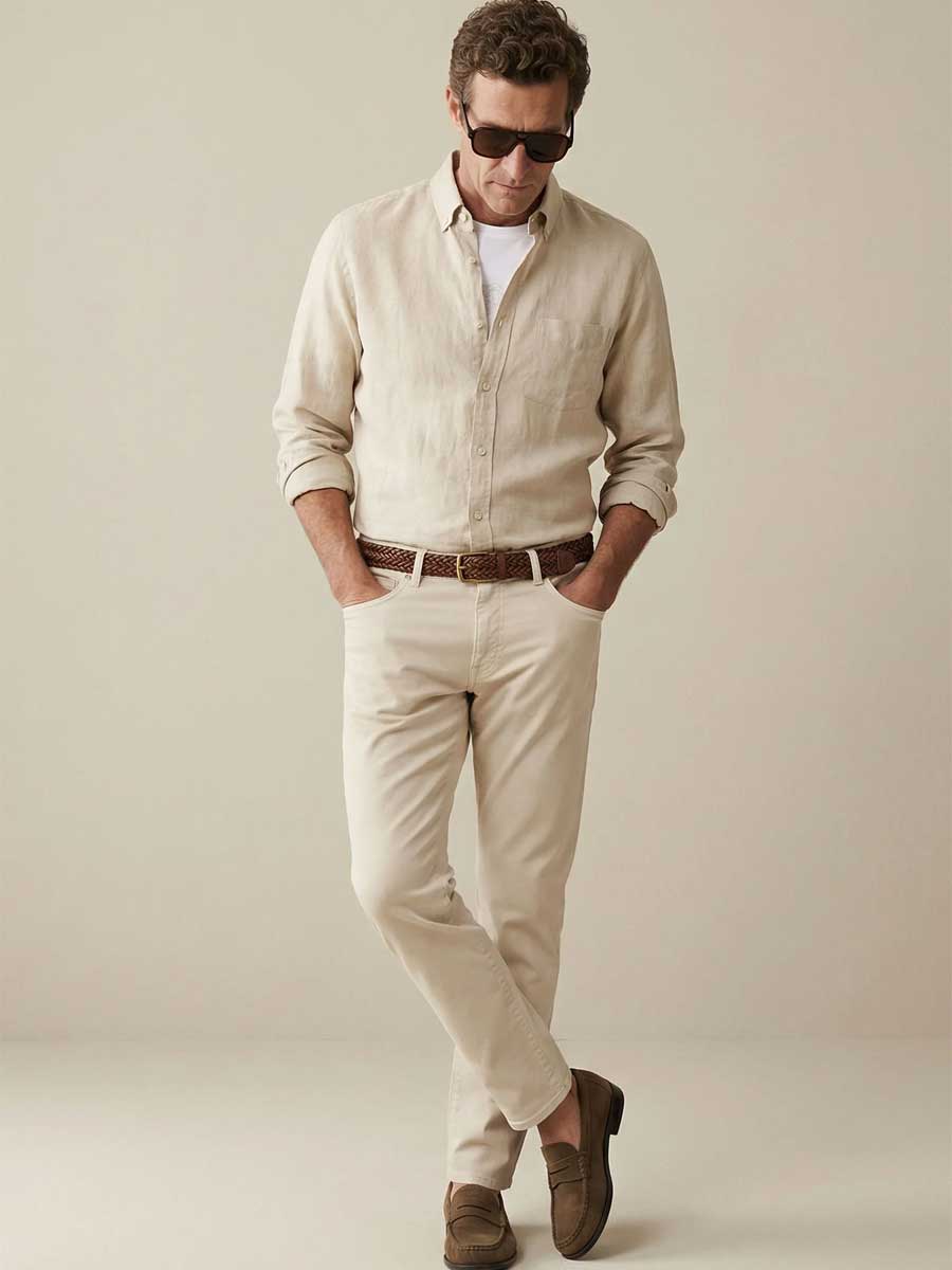FYNCH HATTON Pure Linen Shirt - Men's – Sand - Image 3