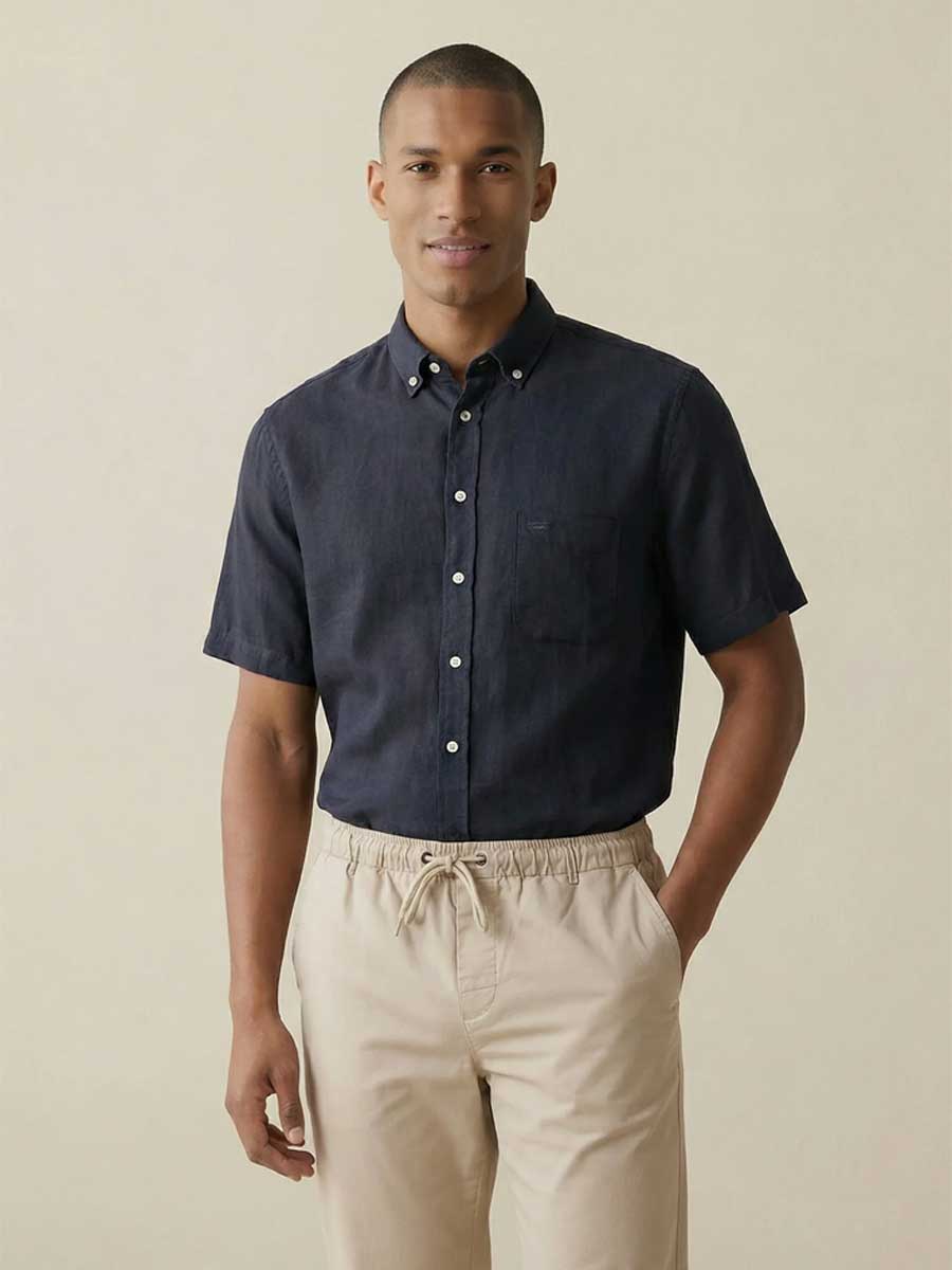 FYNCH HATTON Pure Linen Short-Sleeve Shirt - Men's – Navy - Image 2