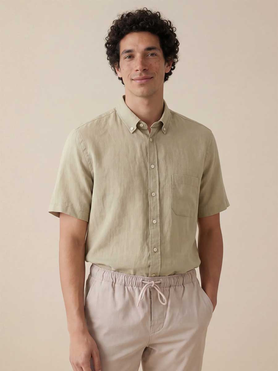 FYNCH HATTON Pure Linen Short-Sleeve Shirt - Men's – Pistachio - Image 2