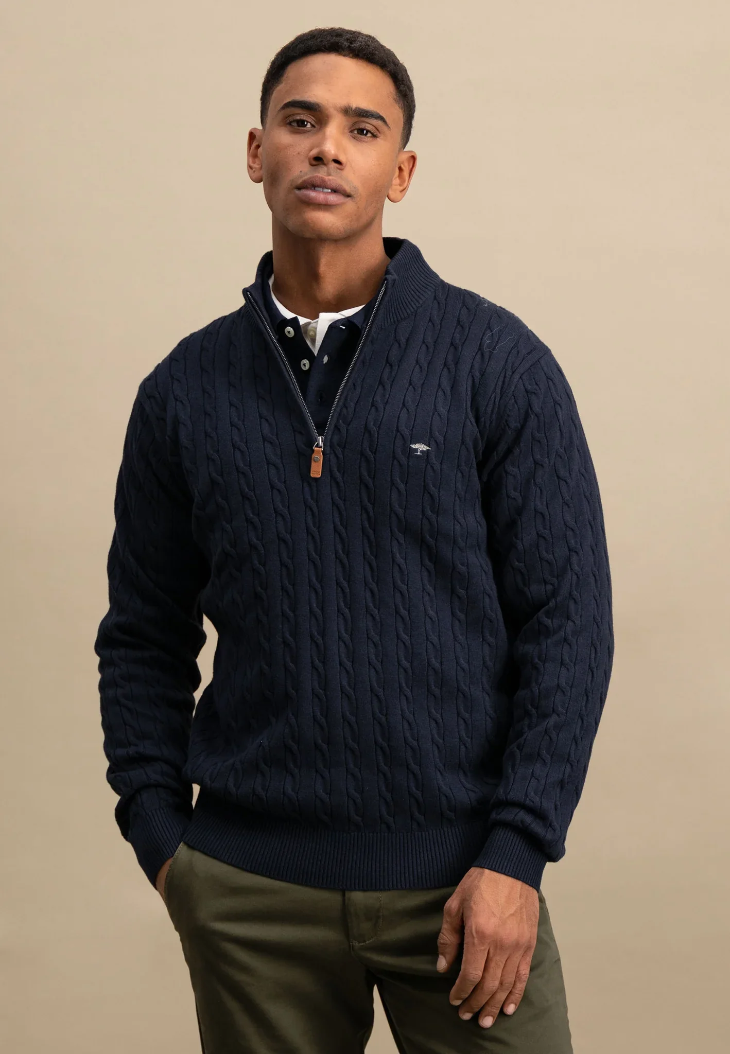 FYNCH HATTON Soft Cable Knit 1/4 Zip - Men's – Navy - Image 2