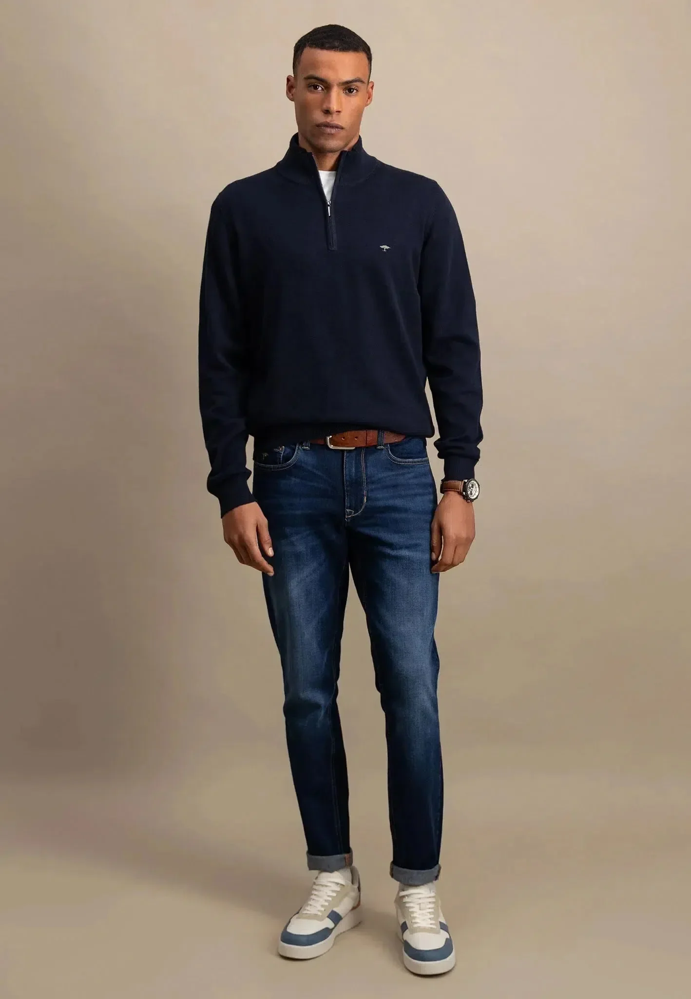 FYNCH-HATTON Superfine Cotton 1/4 Zip Knit – Men’s – Navy - Image 4