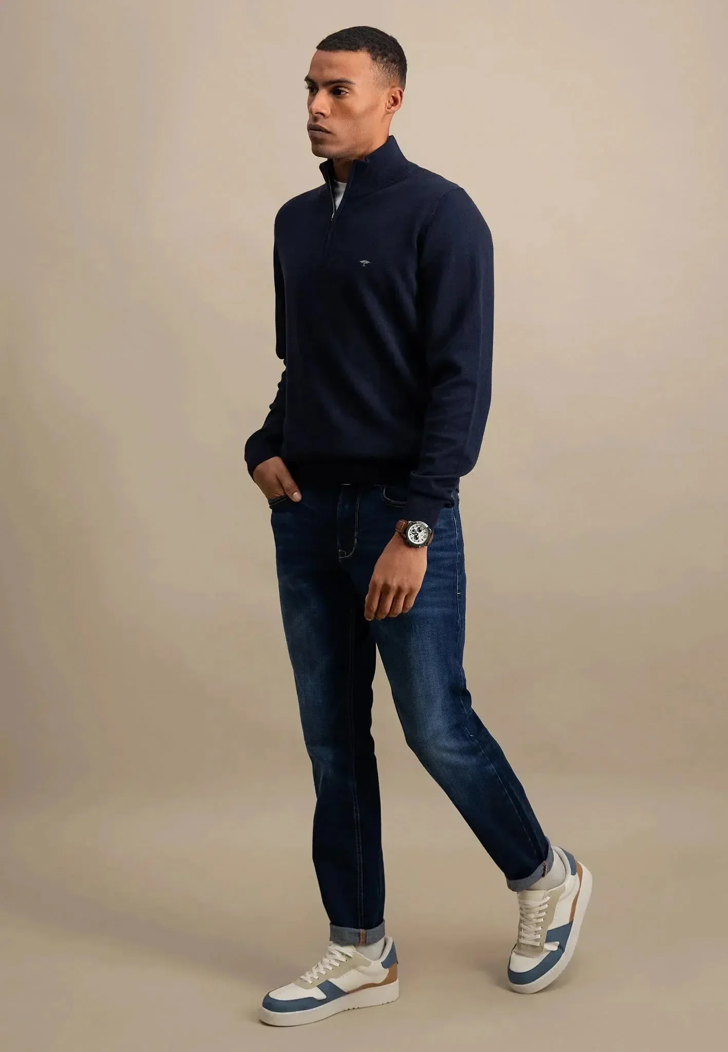 FYNCH-HATTON Superfine Cotton 1/4 Zip Knit – Men’s – Navy - Image 6