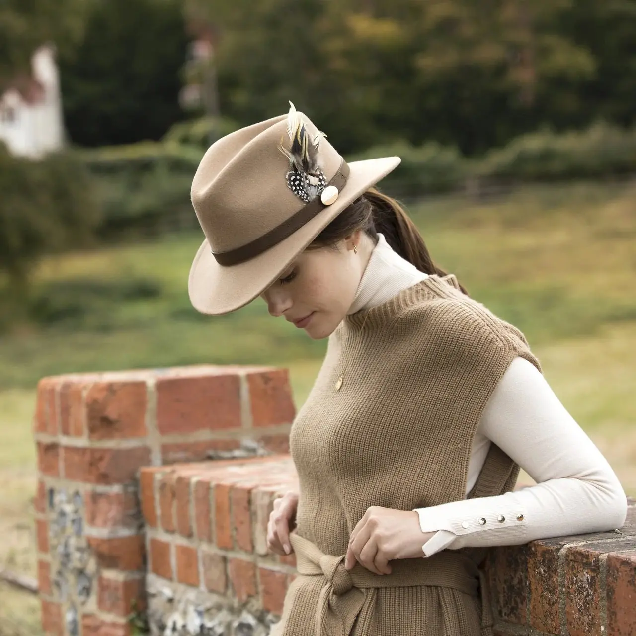 HICKS & BROWN Ladies Suffolk Fedora Hat - Guinea and Pheasant Feather - Camel - Image 6