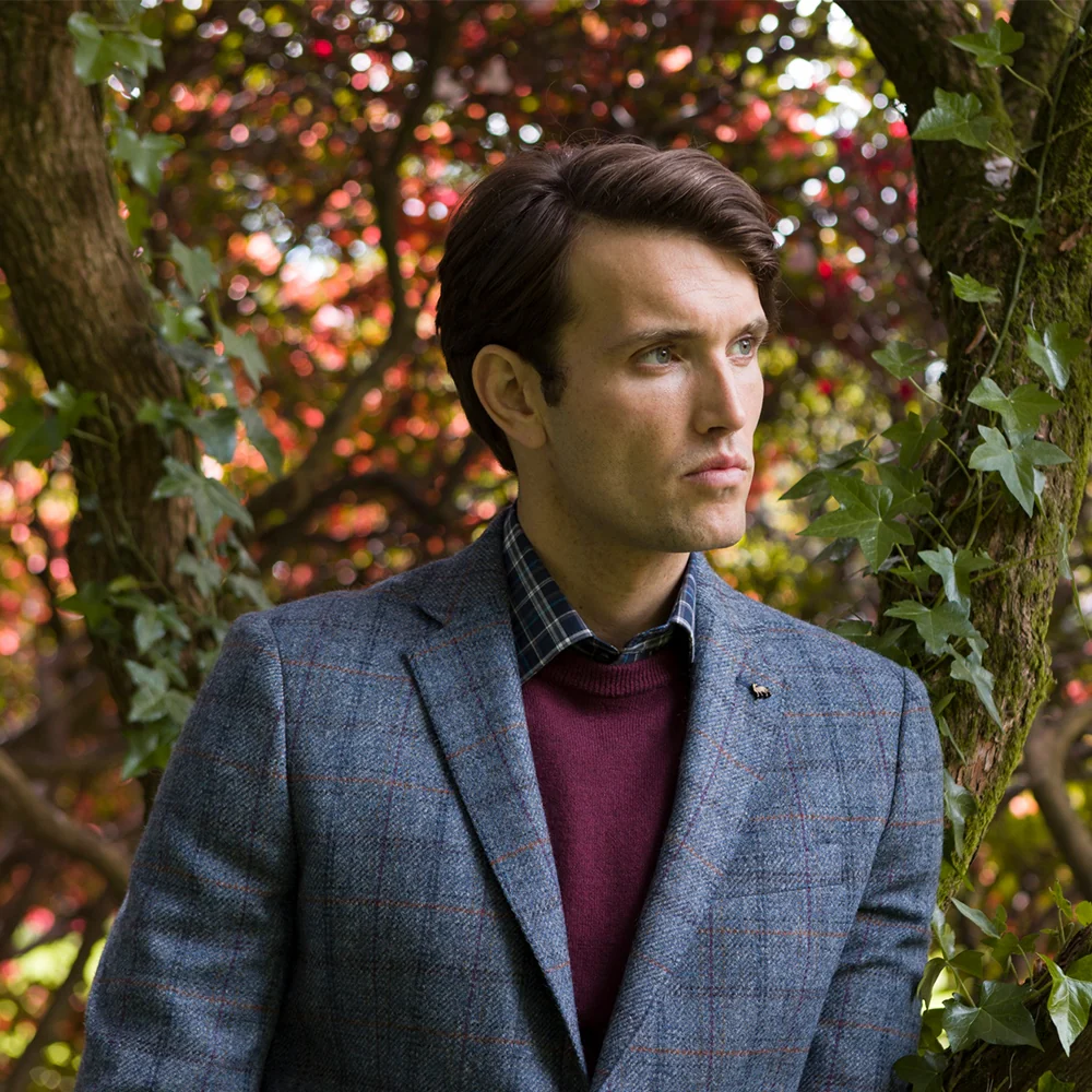 MAGEE Tweed Jacket - Mens Clady - Blue Twill With Rust, Navy & Plum Check - Image 4