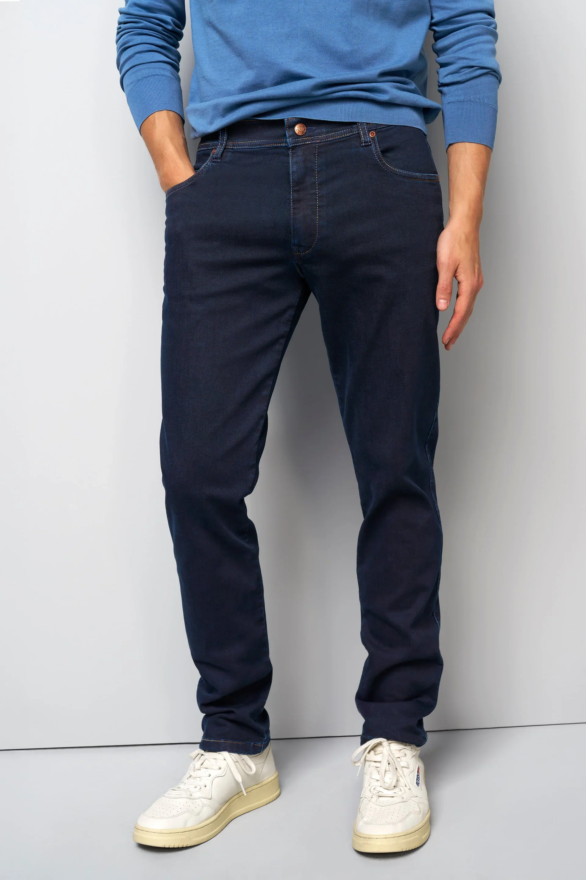MEYER M5 Jeans – 6288 Modern Fit – Multicolour Stitch Super Stretch Denim – Overdyed Dark Blue