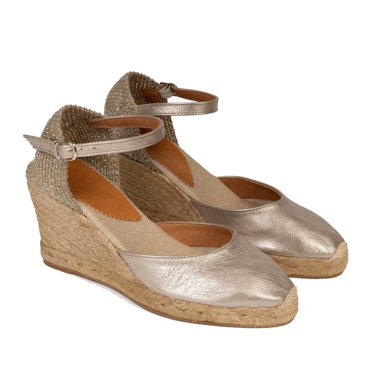 Penelope Chilvers High Mary Jane Metallic Leather Espadrille Shoes - Women's -  Champagne - Image 2