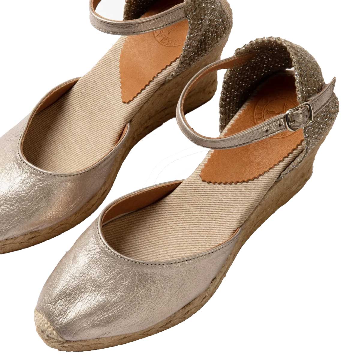 Penelope Chilvers High Mary Jane Metallic Leather Espadrille Shoes - Women's -  Champagne - Image 3