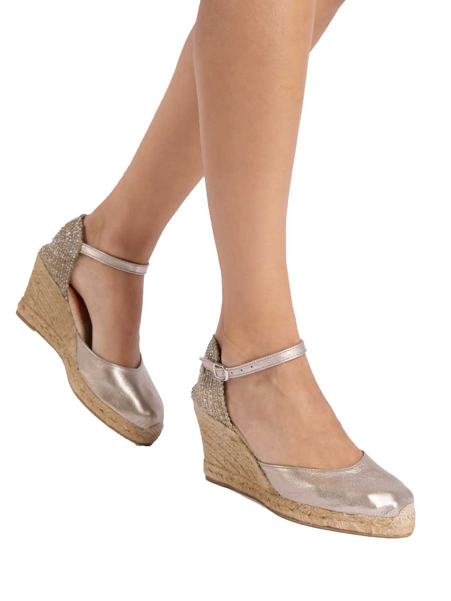 Penelope Chilvers High Mary Jane Metallic Leather Espadrille Shoes - Women's -  Champagne - Image 4