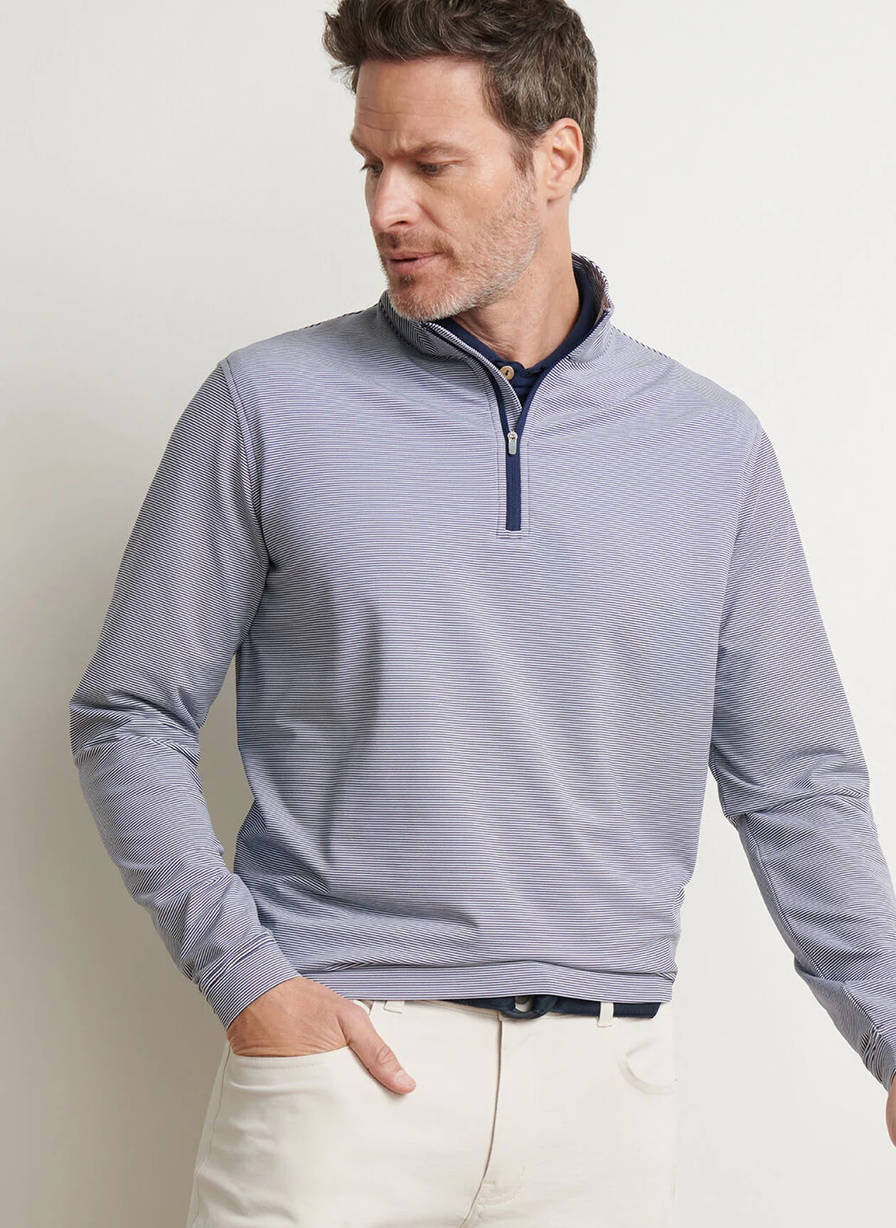 PETER MILLAR Perth Mini Stripe Performance Quarter Zip Sweater - Mens - Navy / White - Image 2